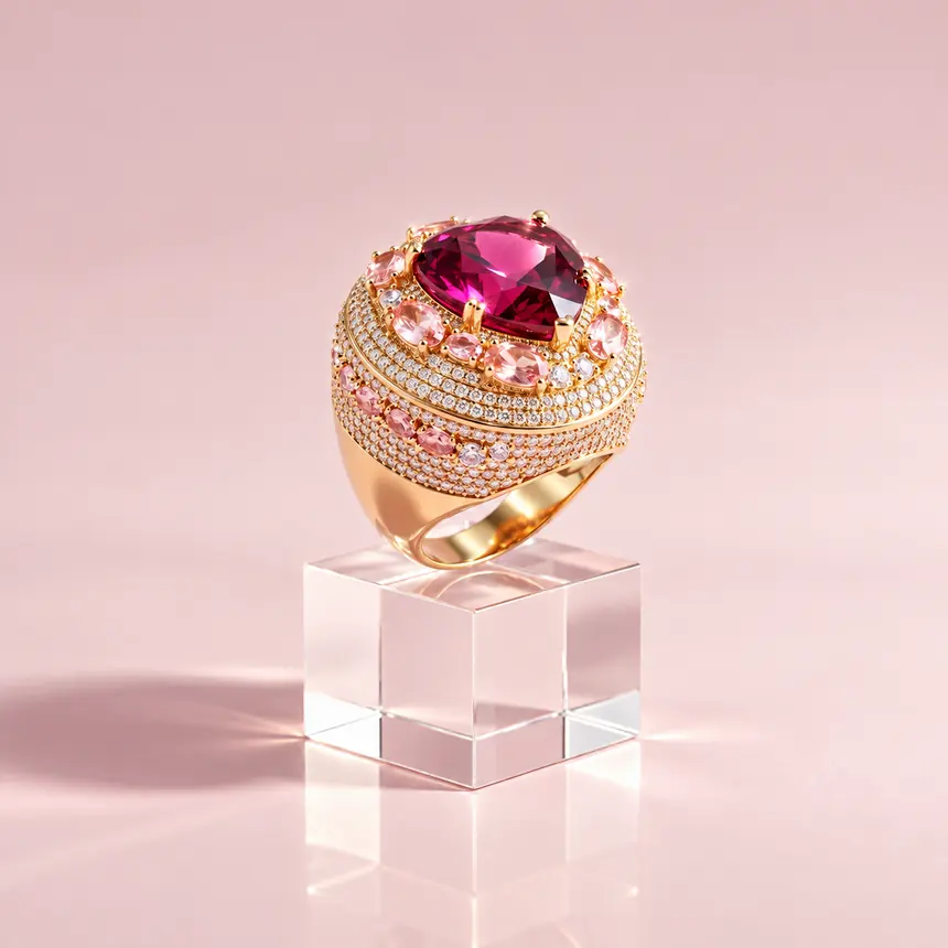 Anel coquetel cravejado com pedra cor turmalina rosa