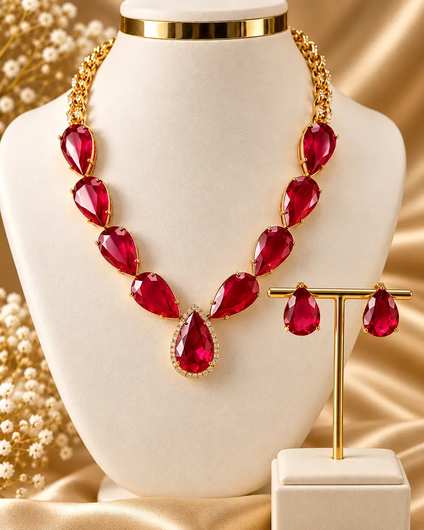Conjunto de colar e brincos de gotas cor rubi em busto expositor