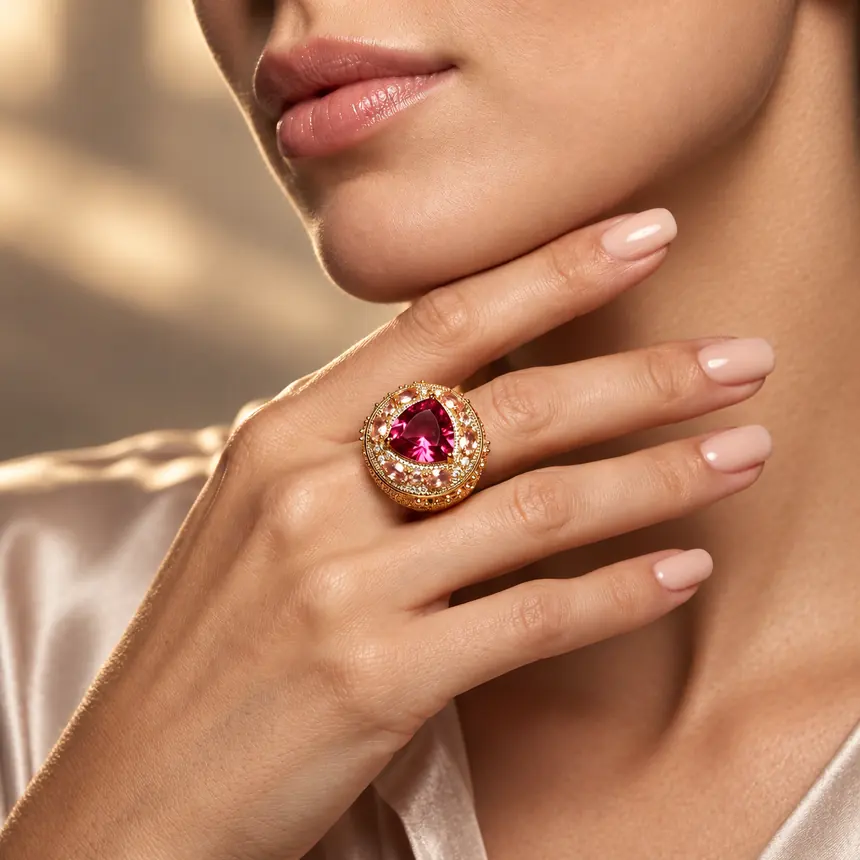 Mão feminina com anel cravejado cor turmalina rosa
